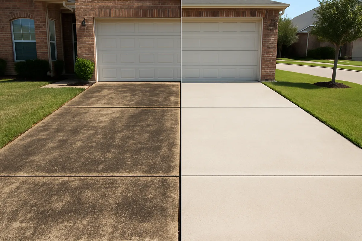 Before and after pressure washing a stained concrete driveway in Bay City, TX