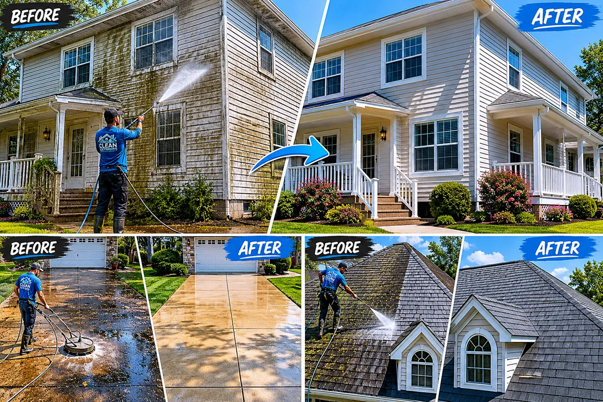 Before and after pressure washing in Bay City, TX — house siding, driveway, and roof cleaned