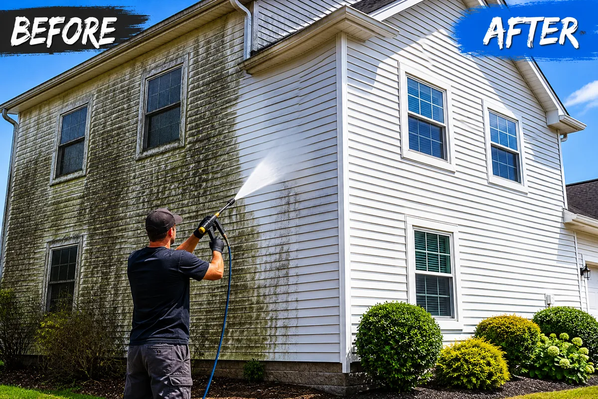 Before and after house washing in Bay City, TX — green algae and dirt stripped off the siding