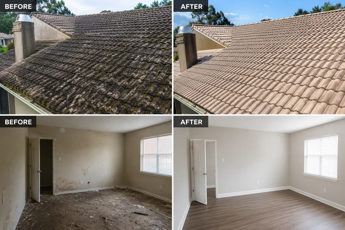 Before and after a full interior move-out cleaning and roof soft wash of a home in Bay City, TX